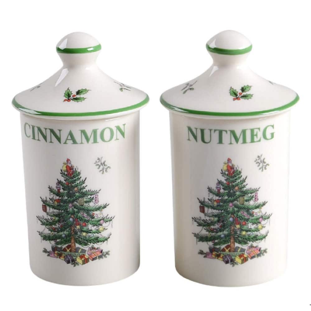 Spode Set of 2 Christmas Tree Spice Jars - 2" D x 4.5" H