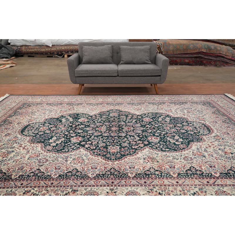 Hand Knotted Oriental 100% Wool Carpet Traditional All-Over Green Tabriz Area Rug - 12' 1'' X 8' 11''