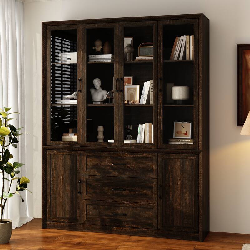 79.6" Tall Glass Display Cabinet, 6-Tier Bookshelf with Drawers Bookcae Panrty