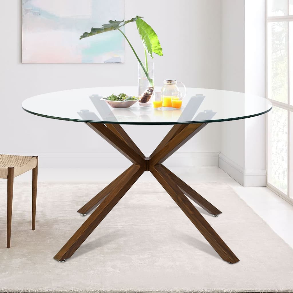 Round 39" Glass Dining Table Walnut Table Leg - 39"x30"x27"