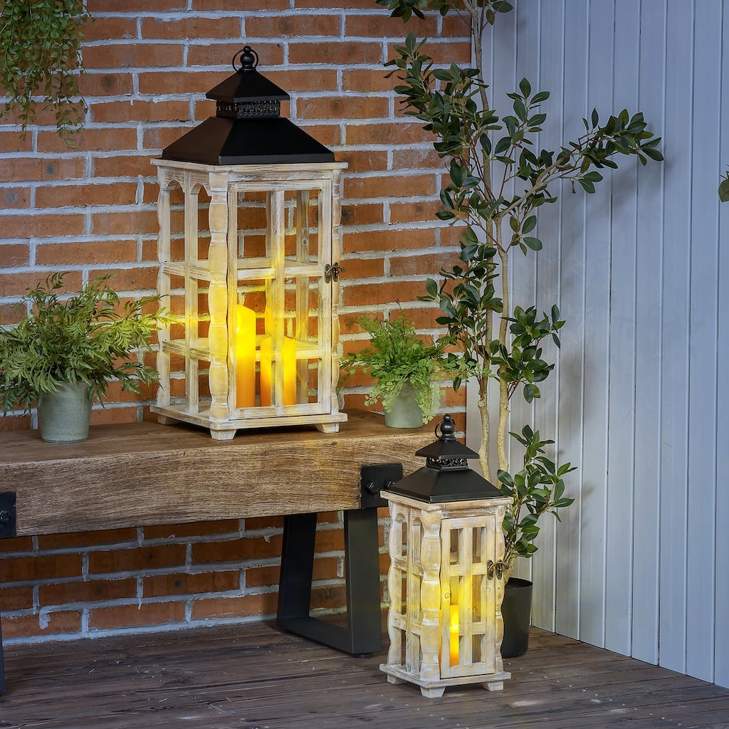 Set of 2 Rustic Wooden Decorative Lanterns with Black Metal Tops for Indoor or Outdoor Decor - 11.75" L x 11.75" W x 30.5" H