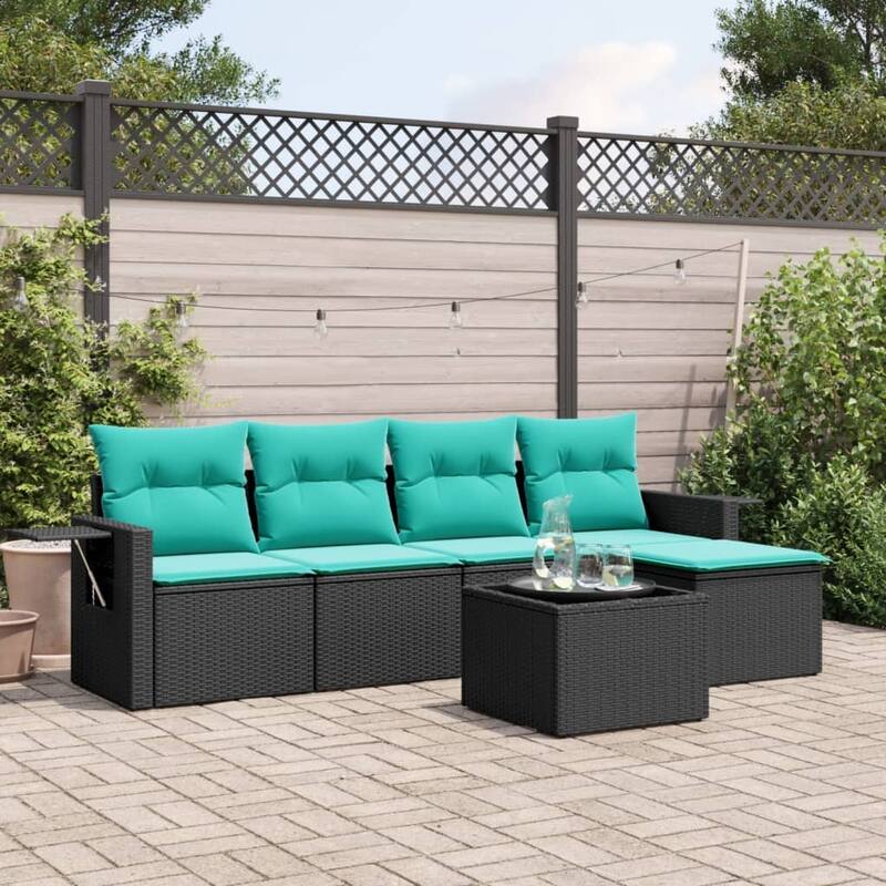 vidaXL 6 Piece Patio Sofa Set with Cushions Black Poly Rattan - 21.7 x 24.4 x 27.2