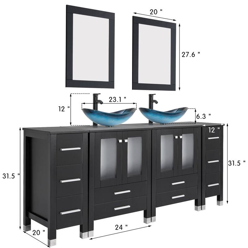 72" Bathroom Vanity Set with Vessel Sink Side Cabinet Combo - Glass blue boat sink - White