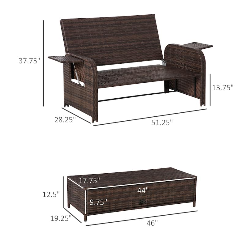 Outsunny Patio Wicker Loveseat Sofa Set, Outdoor PE Rattan Garden Sun Lounger, w/ Storage Ottoman & Side Tables/ Drink Trays