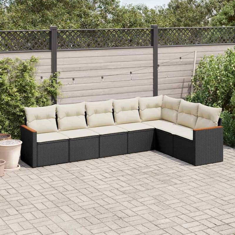 vidaXL Patio Sofa Set with Cushions Outdoor Conversation Furniture Poly Rattan - Black and cream without table - 24.4 x 24.4 x 27.2 in
