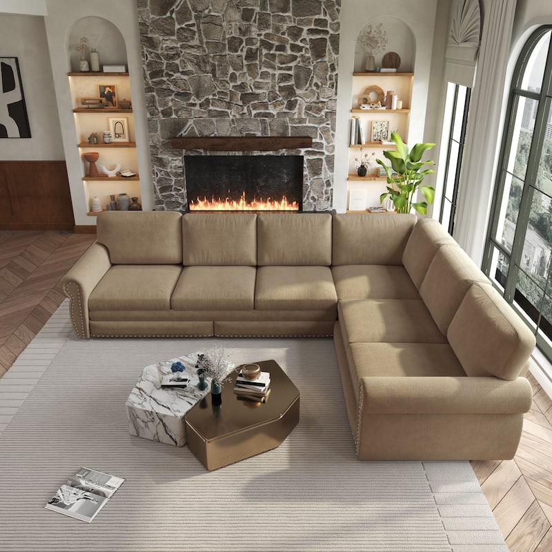 Homy Casa L-Shaped Sectional Sofa w/ Pull-Out Bed, Chenille Sleeper Couch w/ Nailhead Trim & Rolled Arm, Oversize - 6 Camel - Right Facing
