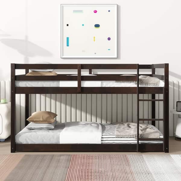 slide 2 of 10, Elegant Twin over Twin Wooden Bunk Kids Bed with Ladder and Safety Guardrail,Storage Space