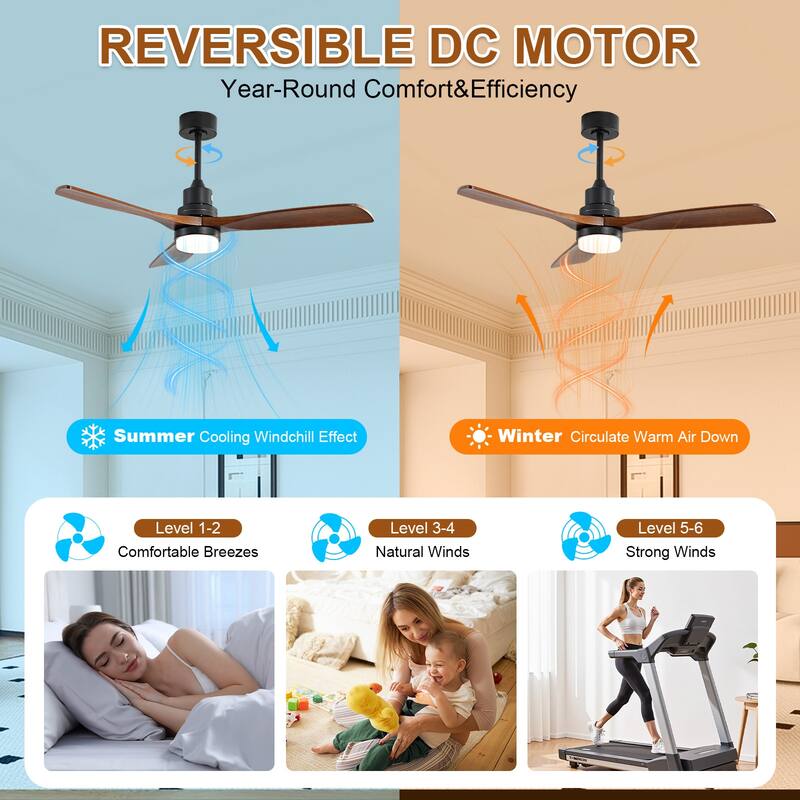 Sofucor 48/52 Inch Ceiling Fan with Light, Solid Wood Blades for Living Room, Bedroom,Smart Optional