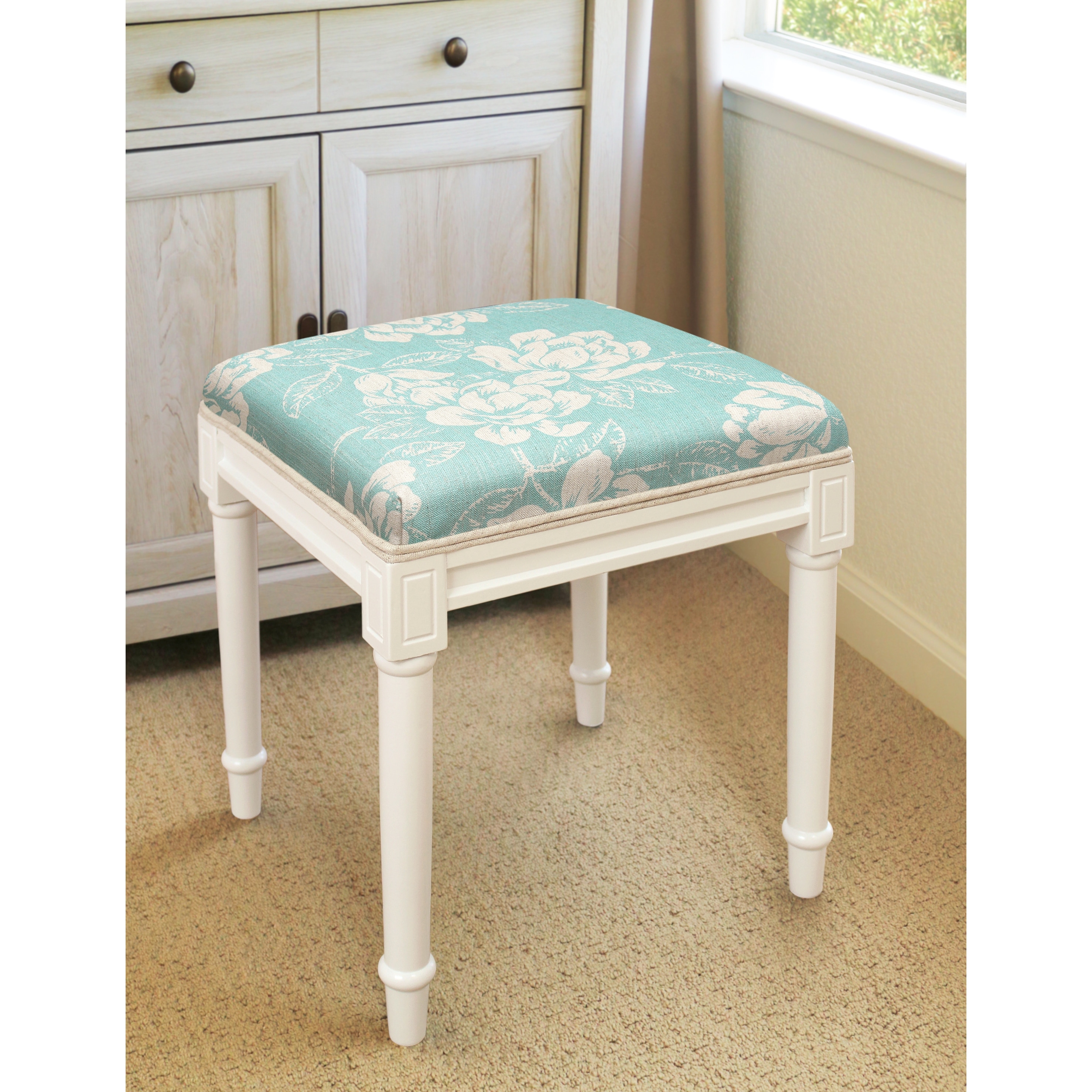 Aqua Magnolia Vanity Stool with White Frame