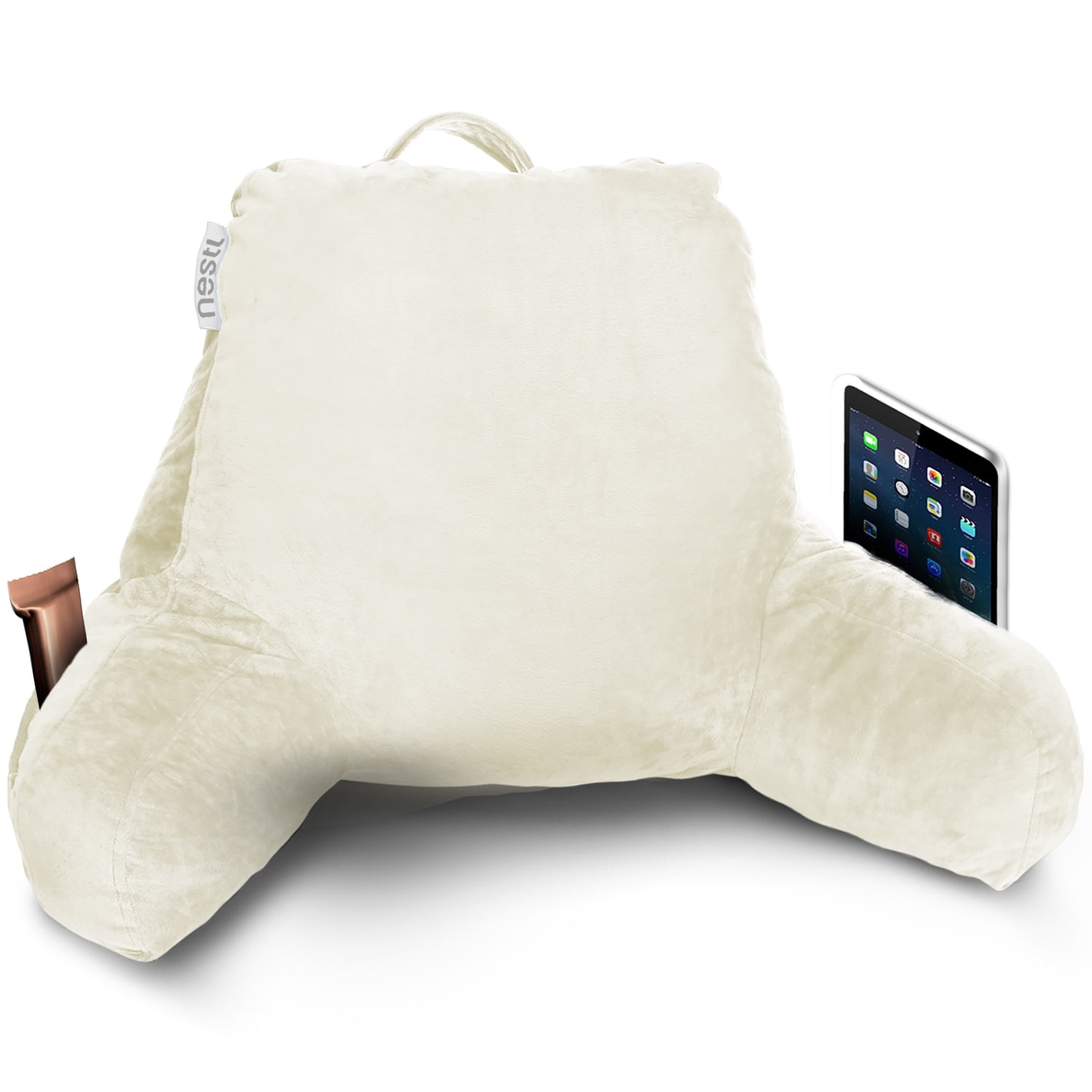 Nestl Memory Foam Reading Pillow with Backrest Arms and Pockets Small Off White