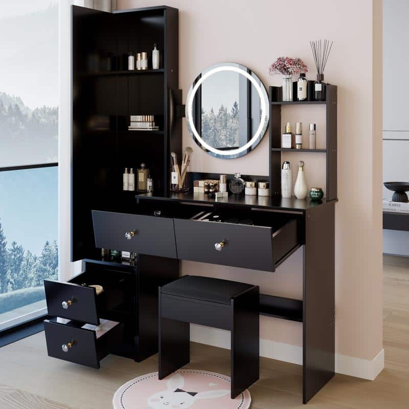 Vanity Dresser with Mirror and Stool Set Storage Drawers Luxury Furniture - Black