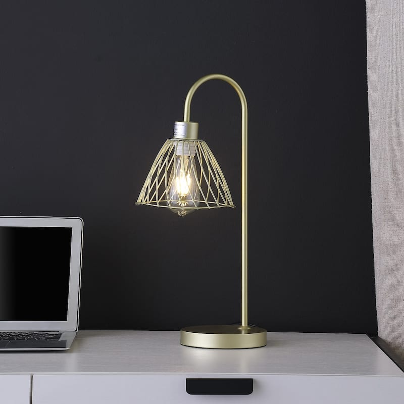 Gold Metal Bedside Lamp with Open Cage Cone Shade and Satin Finish - 10” x 7.25” x 20.5” (D x W x H)