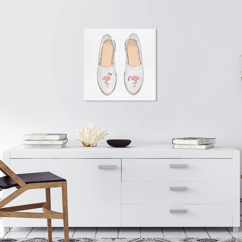 Wynwood Studio Canvas Fashion and Glam Flamingo Slippers White and Pastel Pink Modern & Contemporary Wall Art Canvas Print - 20 x 20