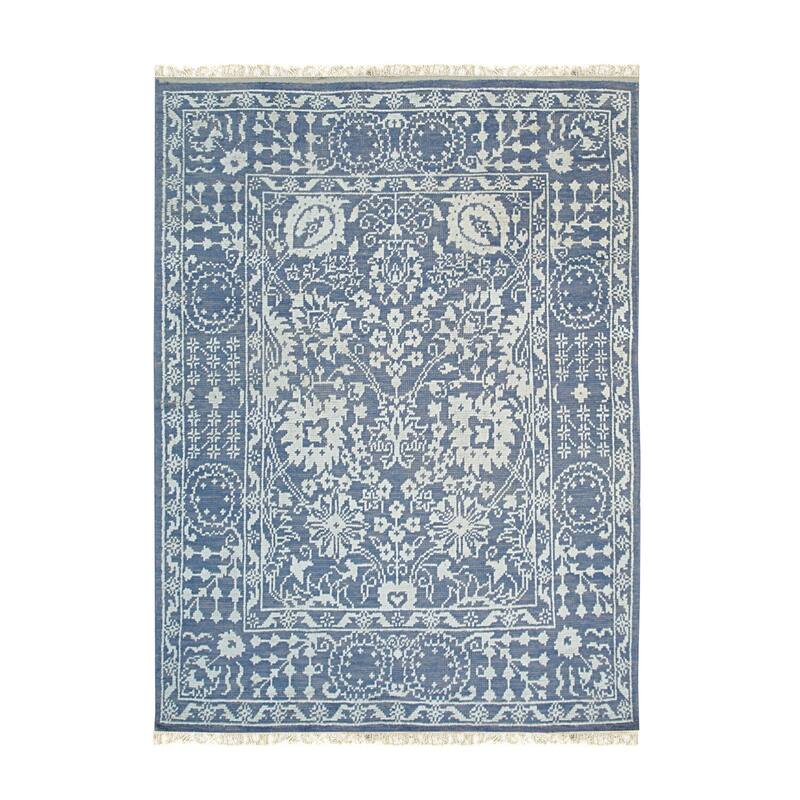 Blue Hand Knotted Wool/Bamboo Silk Traditional Agra Rug, 8' x 10', Soft Elegant Statement - L