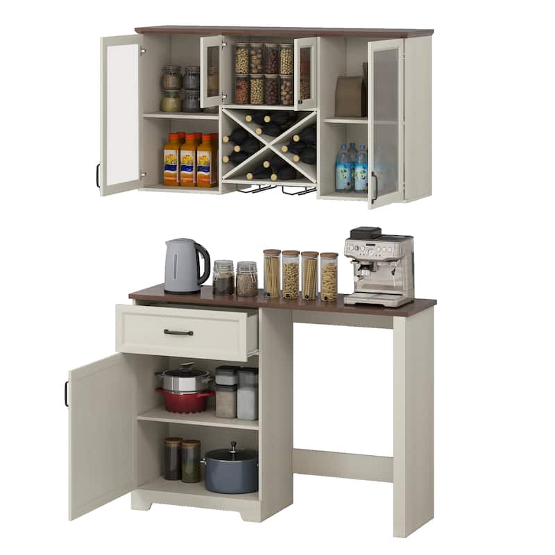 Moasis Kitchen Pantry Storage Cabinet with Mini Fridge Storage and Wall Mount Cabinet with Glass Doors