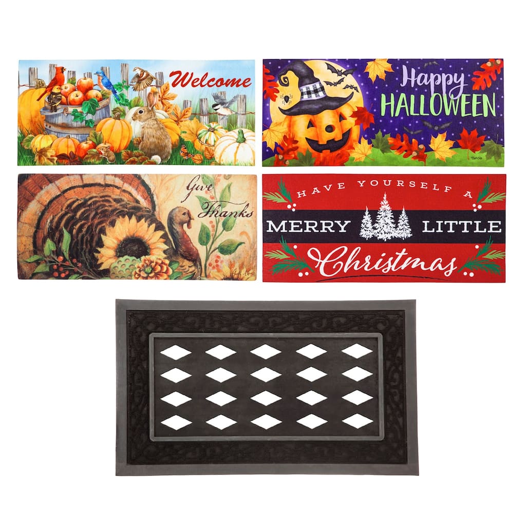 Sassafras Fall Holiday Set of 5 Door Mats with Rubber Display Frame, Collection #2 - Multi-Color
