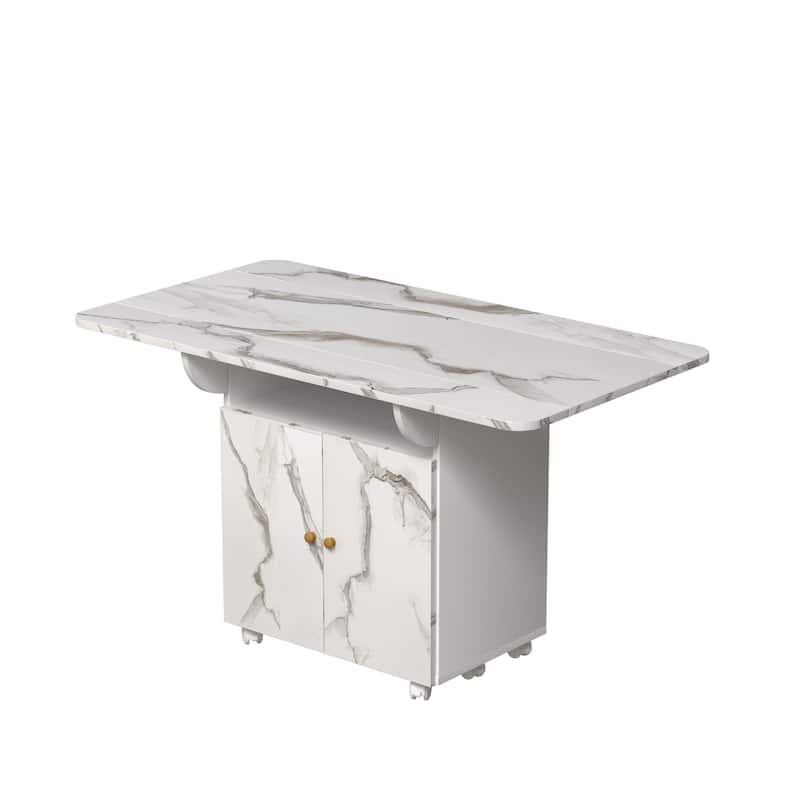 47" Wood Folding Dining Table with Storage Rack & Cabinet, Removable Kitchen Island Table with 6 Wheels, Side Table