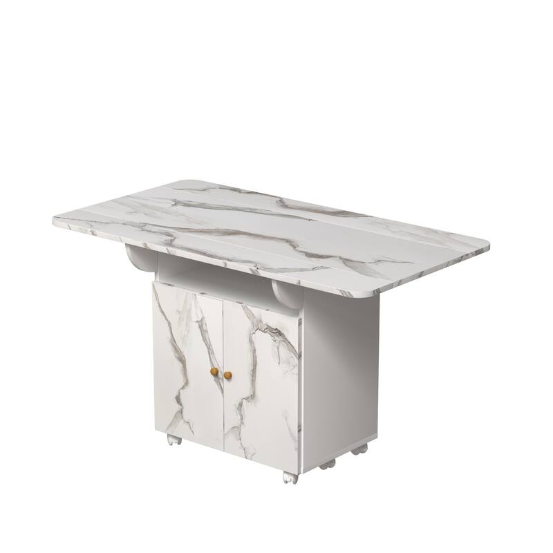 Marble Texture Folding Dining Table with Storage Rack and Cabinet, Removable Entryway Table with 6 Wheels