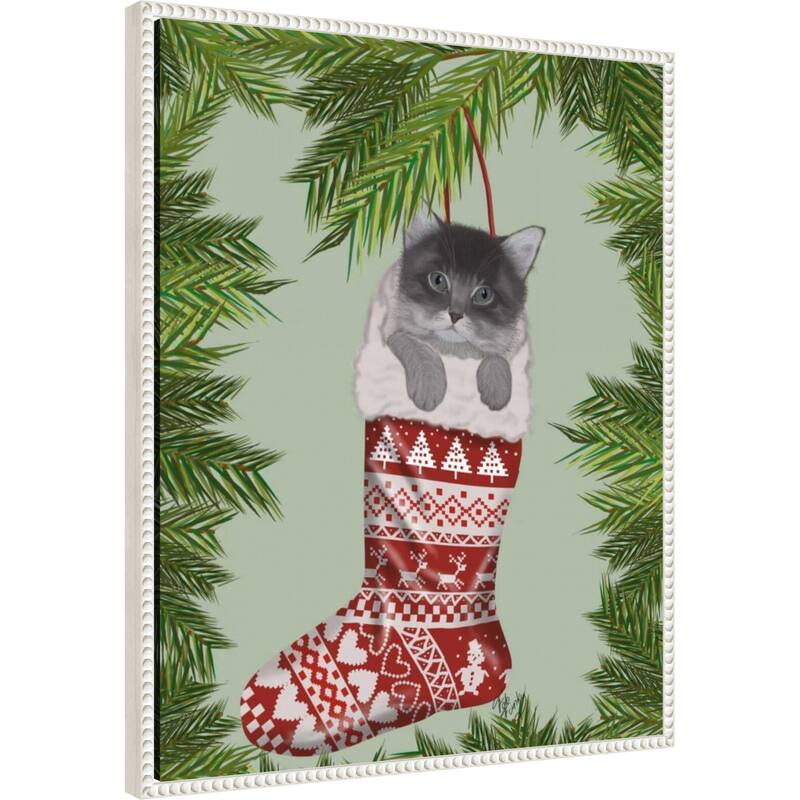 Grey Kitten in Christmas Stocking by Fab Funky (23 x 28 in.), Framed Canvas Wall Art Print - Sylvie Beaded White