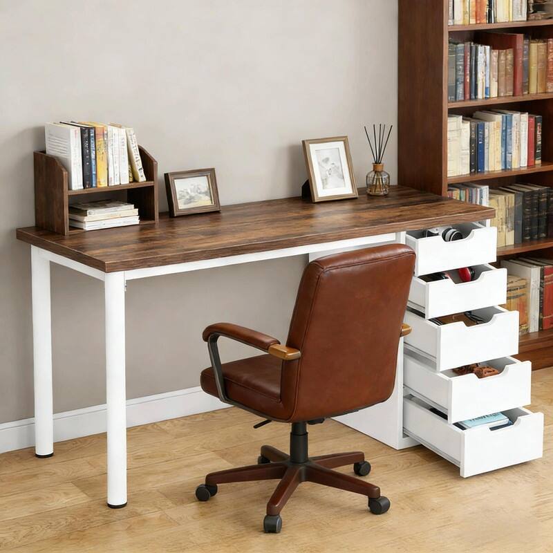 47" Home Office Writing Desk with 5 Drawers, Engineered Wood Top and White Metal Legs - Brown+White