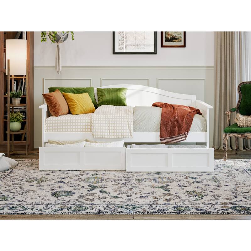 Twin Daybed with Drawers - White Wood Frame, Modern Design, Storage Bed