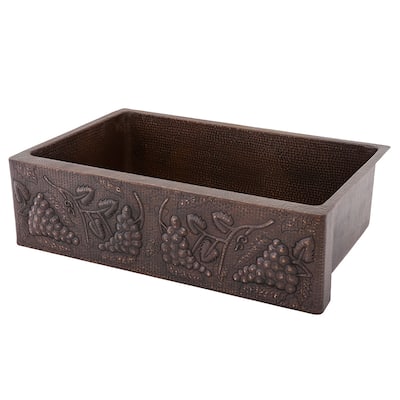 33-in Hammered Copper Apron Front Single Kitchen Basin Sink w/ Vineyard Design (KASDB33229G)