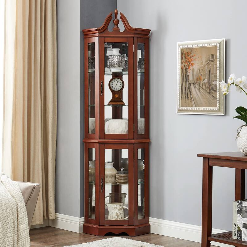 Lighted Curio Cabinet with Mirrored Back, Wooden Corner Display Cabinet, China Cabinet with Glass Doors ＆ Adjustable Shelves