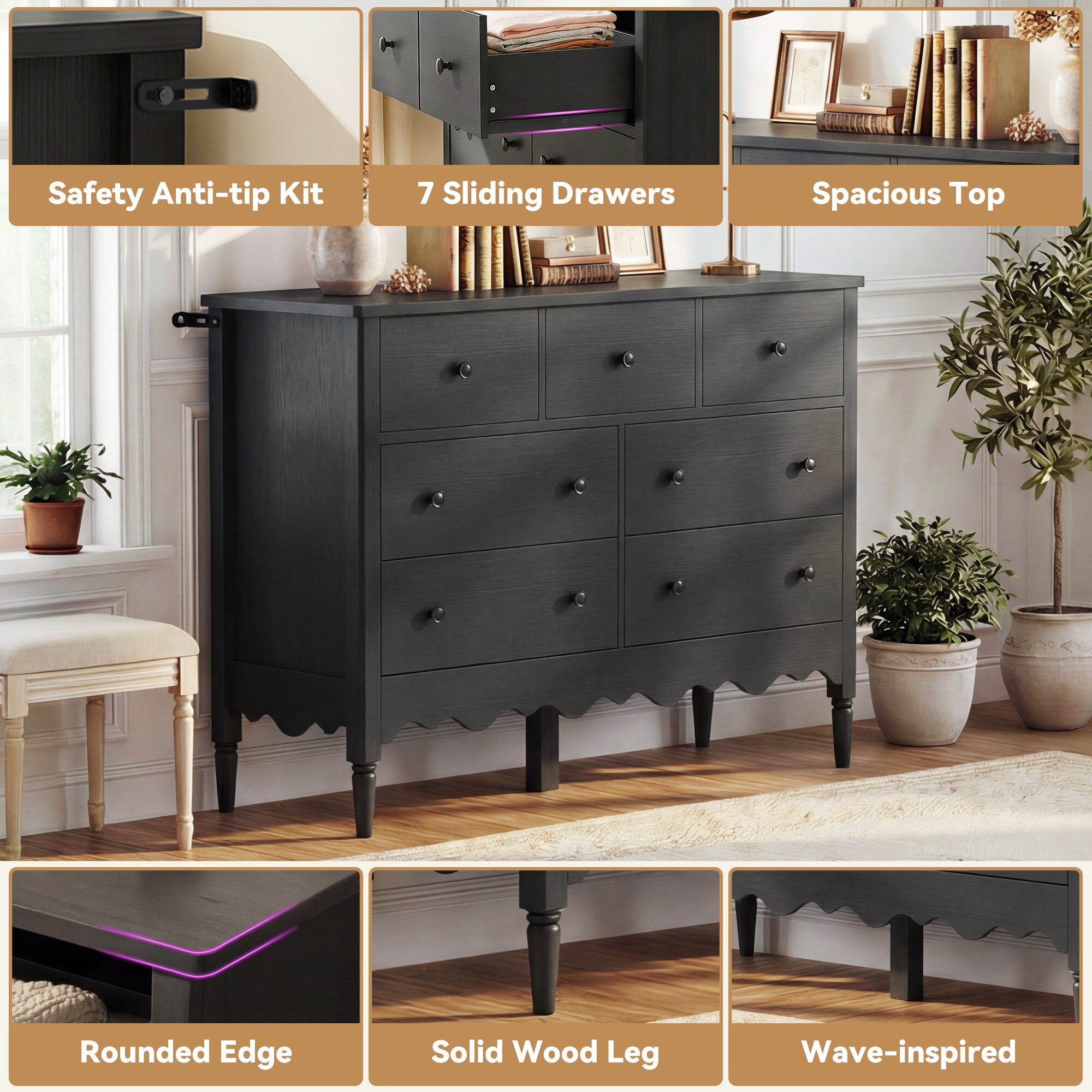 Narill Wave-Inspired 7-Drawer Dresser, 47-In Bedroom Chest of