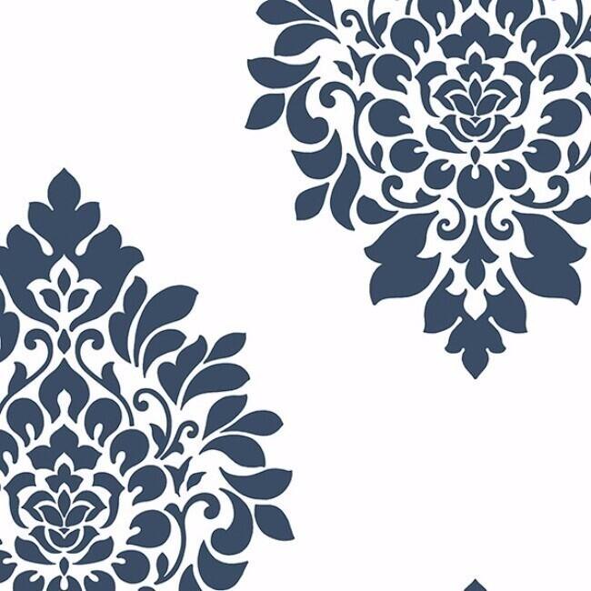 Medallion Damask Bradford Blue and Black Vinyl 32.7-foot x 20.5-inch Large Damask Spot Wallpaper - Blue White