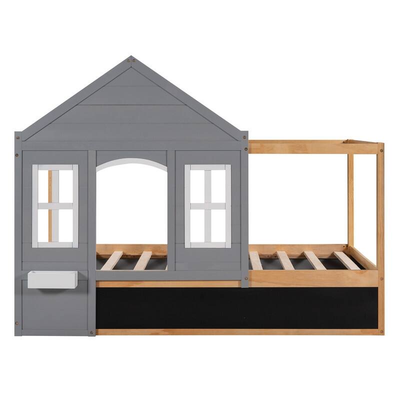 Twin Size House Shaped Canopy Bed with Roof, Window, Blackboard and