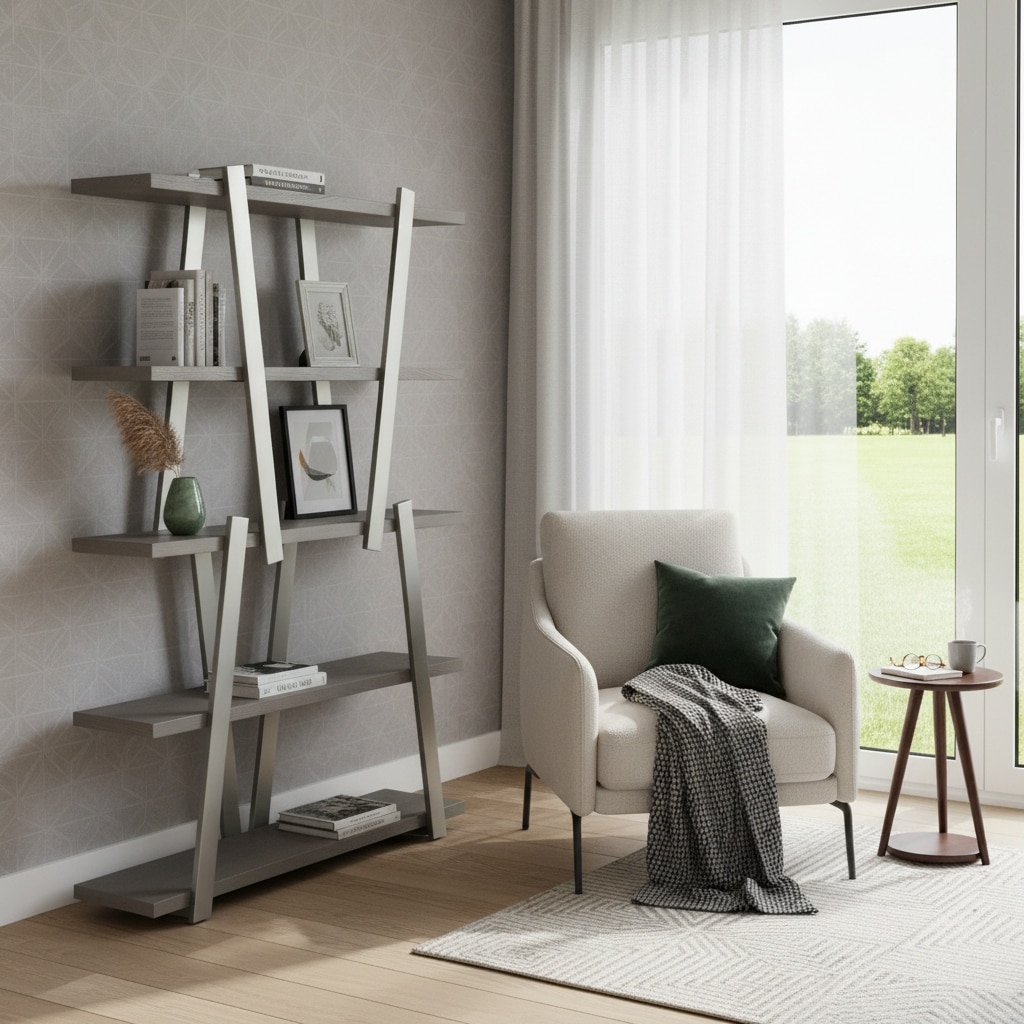 HomeRoots 71" Gray And Silver Stainless Steel and Wood Four Tier Geometric Bookcase