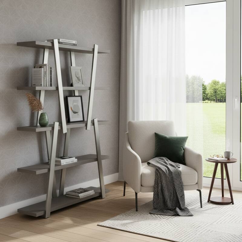 HomeRoots 71" Gray And Silver Stainless Steel and Wood Four Tier Geometric Bookcase - Silver/Gray