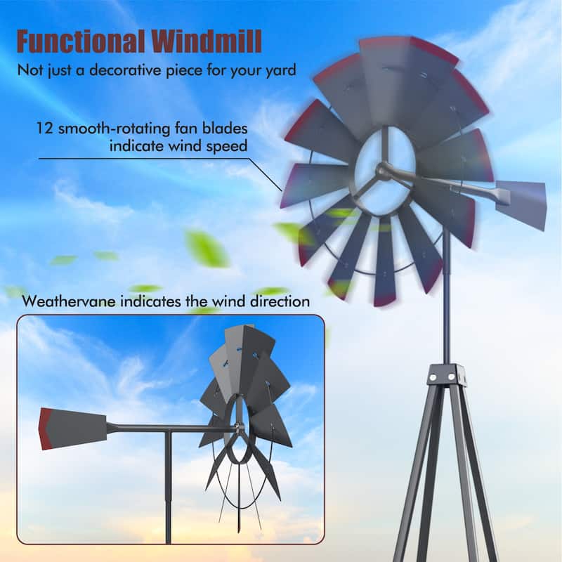 8 Feet Metal Windmill Outdoor Garden Yard Ornament with Weathervane