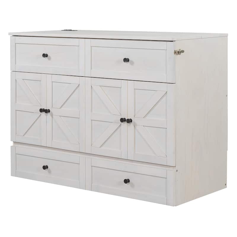 Full Size Murphy Bed with Storage Drawers, USB Ports, and Brushed White Finish, Space-Saving Design, Easy Assembly