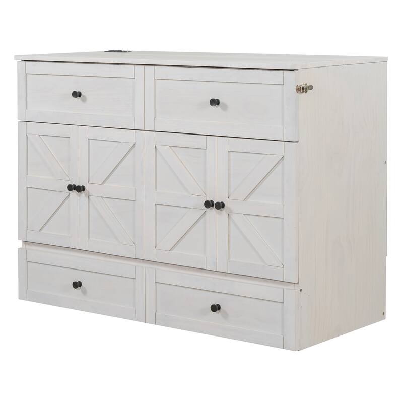 Space-Saving Full Size Murphy Bed with USB Ports and Storage Drawers, Brushed White