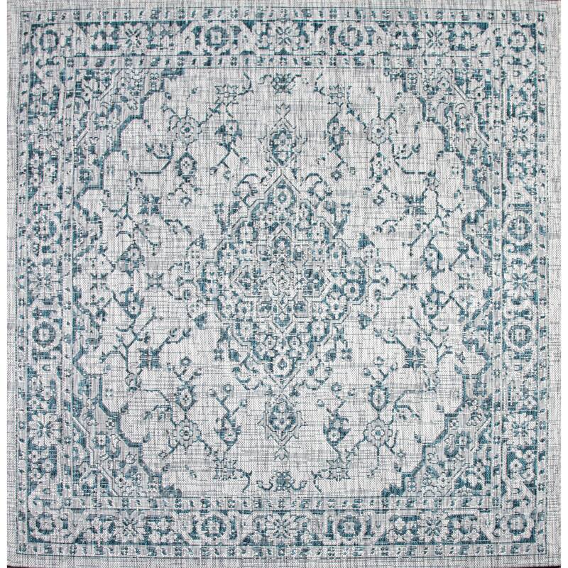 JONATHAN Y Palazzo Boho Medallion Textured Weave Indoor/Outdoor Area Rug - 5' Square - Gray/Teal