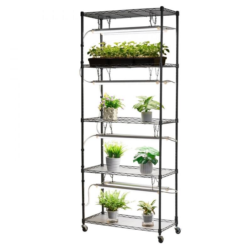 Black Metal 6-Tier Indoor Plant Stand with 8 Cold LED Grow Lights and DIY Shelves - 29.53 x 13.78 x 70.87 in/