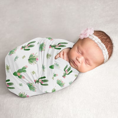 Cactus Floral Collection Girl Baby Swaddle Receiving Blanket - Pink and Green Boho Watercolor Desert