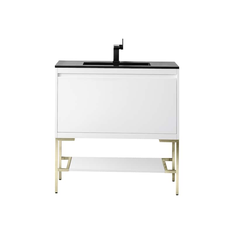 James Martin Vanities Mantova 35.4" Single Vanity Cabinet, Glossy White - Champagne Brass Base, Charcoal Black Top