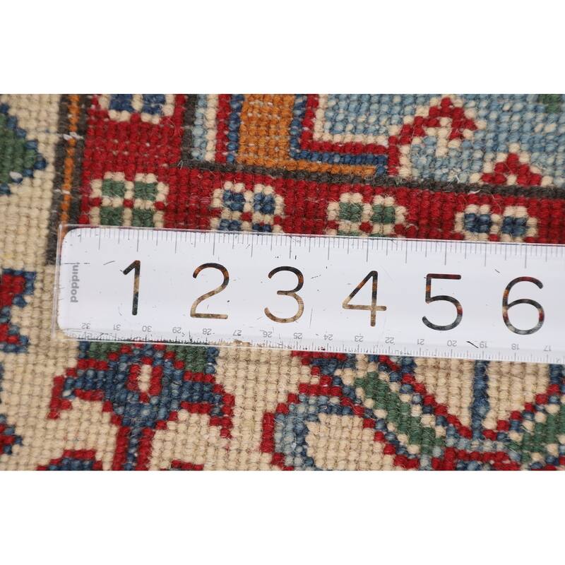 Light Blue Geometric Kazak Rug Living Room Hand-Knotted Wool Carpet - 5'0" x 6'7"