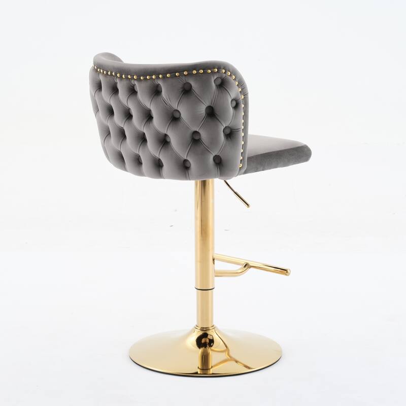Swivel Barstools Adjusatble Seat Height With Gold-plating Base, Upholstered Bar Stools with the whole Back Tufted, Set of 2