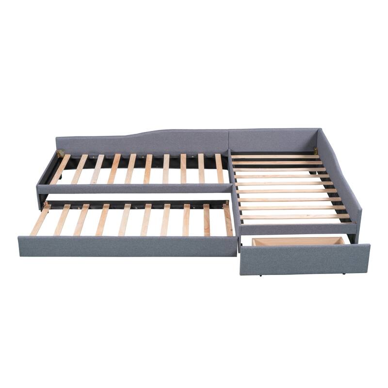 3-in-1 Daybed L-shape Corner Sofa Bed with Pull-out Drawer and Trundle Bed, Linen Upholstered Bed Twin Size Sleeper Couch Bed