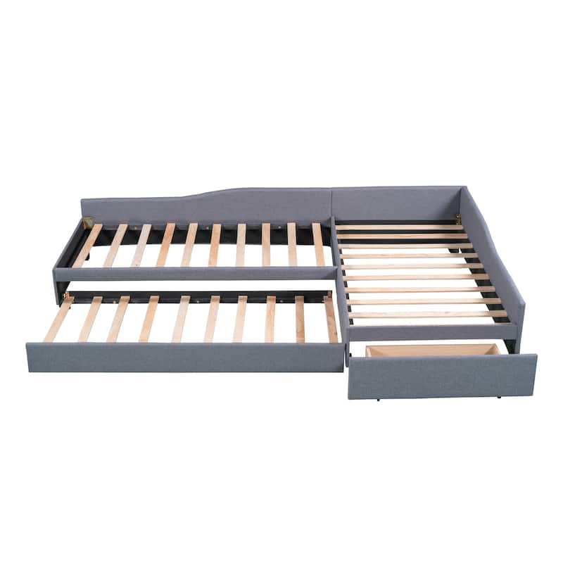 Double Twin Size Daybed with Trundle and Drawer, Living Room Linen Upholstered Sofa Bed, Solid Wood Platform Bedframe