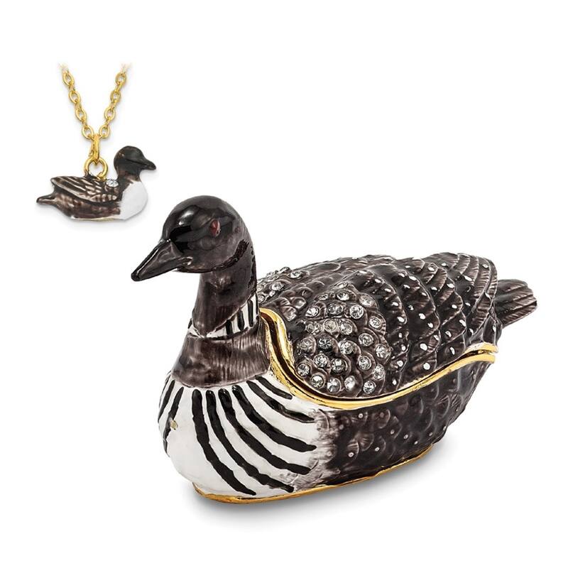 Curata Pewter Bejeweled Crystals Gold-Tone Enameled Carlo Loon Duck Trinket Box on 18 Inch Necklace