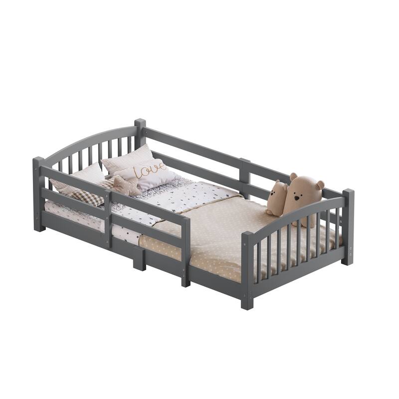 Solid Wood Floor Bed Montessori Bed with Safety Guardrails Without Door