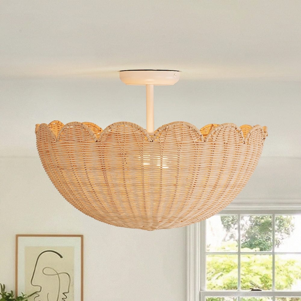 2-Light Coastal Style Scallop Woven Rattan Semi Flush Mount - 17.7in