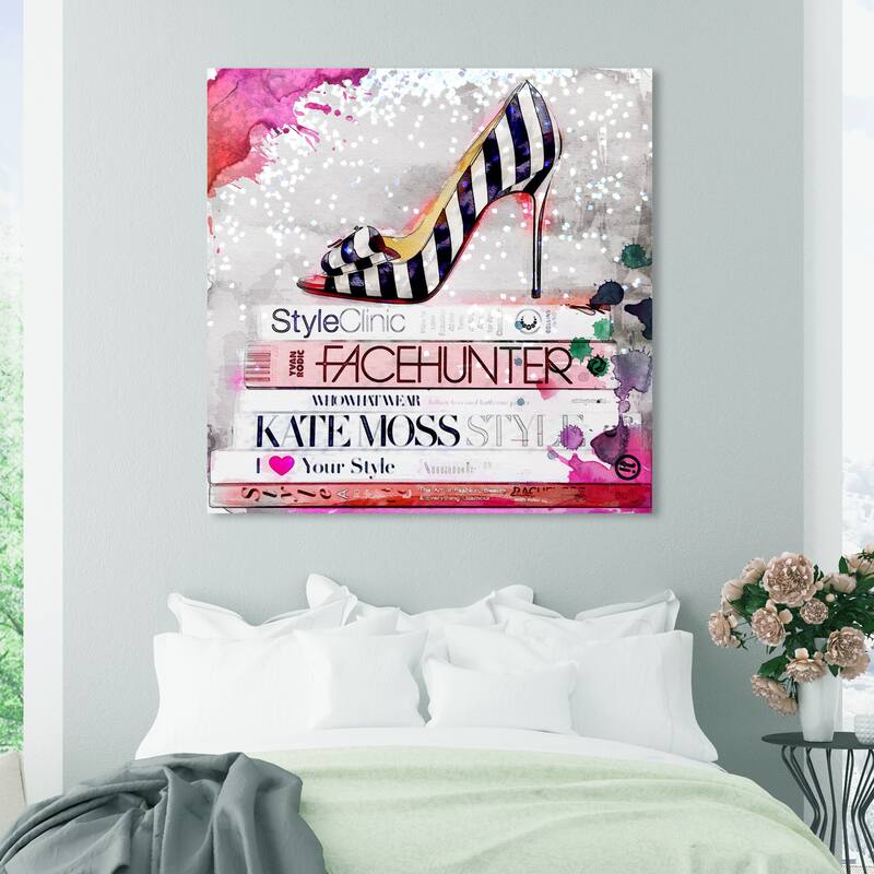 Wynwood Studio Fashion and Glam Striped Shoe Pink and Glam Wall Art Canvas Print - 40 x 40