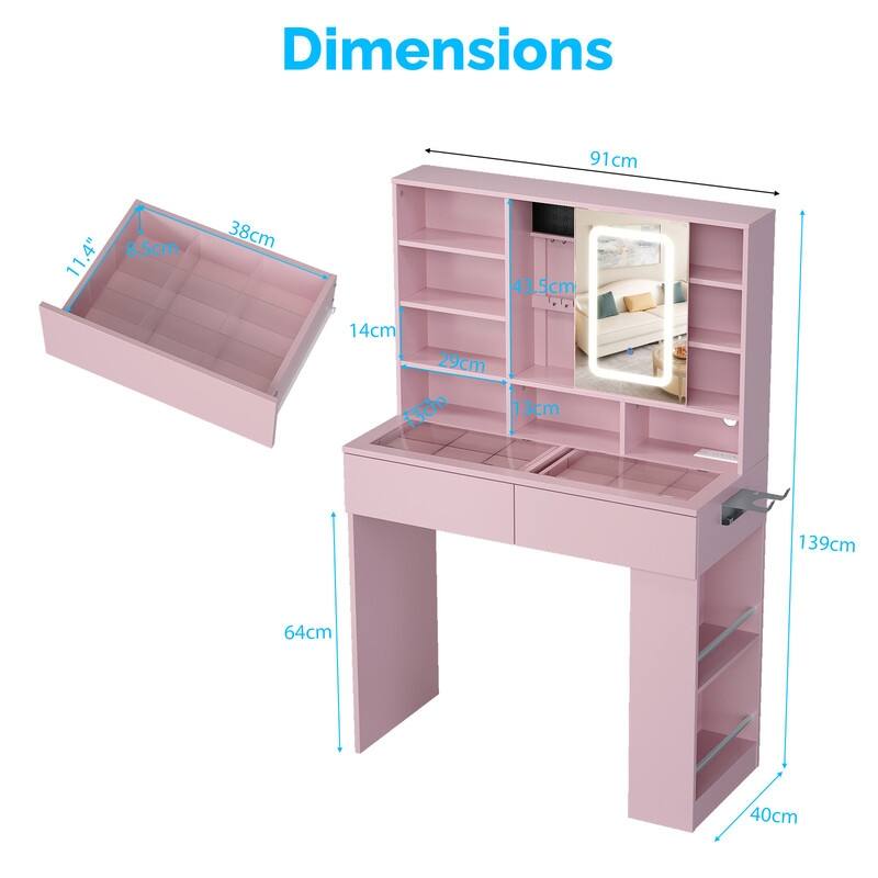 Particle Board Veneered, 2-drawer 3-compartment Left-right 3-tier Shelf, Glass Tabletop, Side Panel Storage Style Dressing Table
