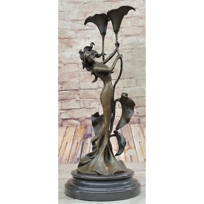 Tulip Young Girl Candlestick Statue Bronze Art Deco Candleholder Sculpture