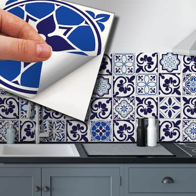 Walplus Cala Blue Mediterranean 6" Peel and Stick Backsplash Tile Stickers 48pc